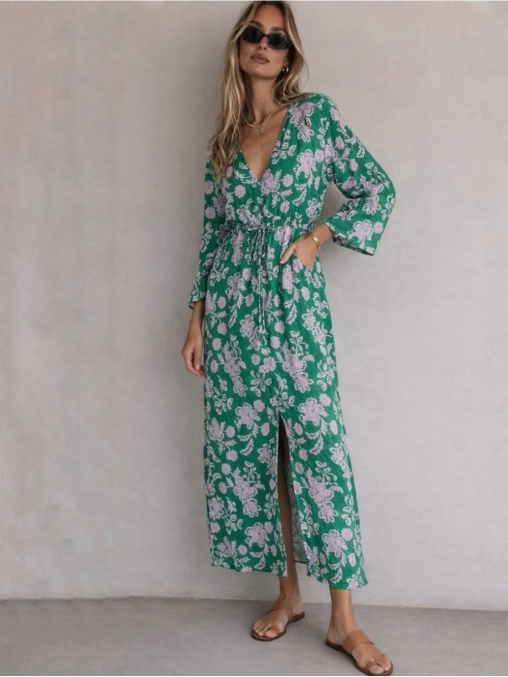 Xirena MYKAH Caprisyn Green Floral Print Maxi Button Front Tie Waist Size Small